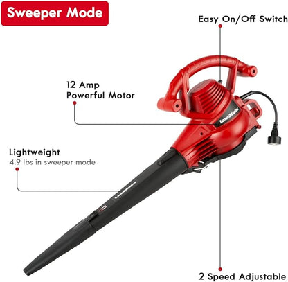 LawnMaster Red Edition BV1210 1201 Electric Blower Vacuum Mulcher 12 Amp 2-Speed Adjustment with Metal Impeller 240 MPH 380 CFM 14:1 Mulch Ratio