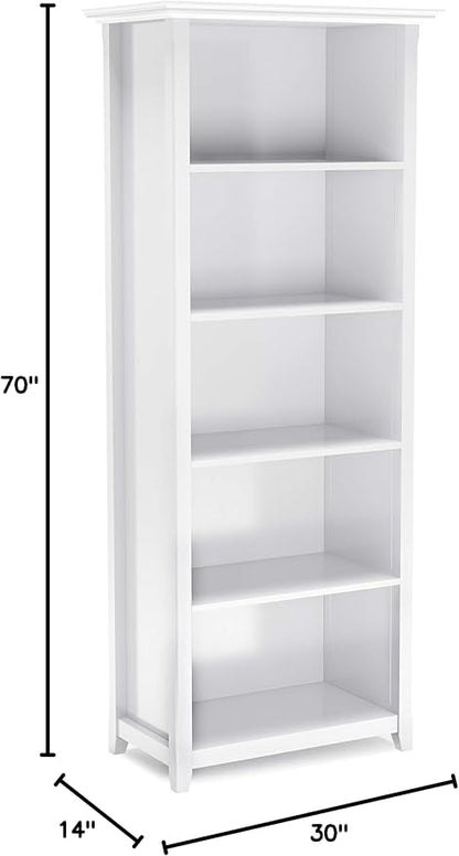 SIMPLIHOME Amherst SOLID WOOD 30 Inch Transitional 5 Shelf Bookcase in White, For the Living Room, Study Room and Office