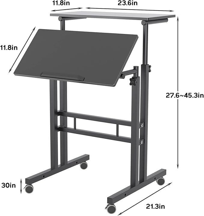 sogesfurniture Mobile Standing Desk Laptop Workstation on Wheels, Adjustable Computer Desk for Standing or Sitting, Black 101-BK