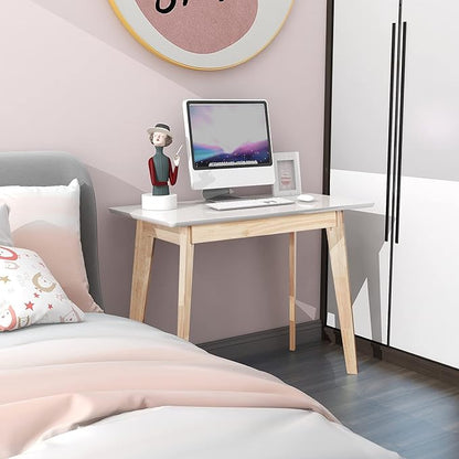 TaoHFE White Vanity Desk with Solid Rubber Wood Legs Glossy White 39 Inch Vanity Table Computer Desk for Home Small Spaces Girl Makeup Desk Modern Vanity Desk No Mirror Dressing Table for Bedroom
