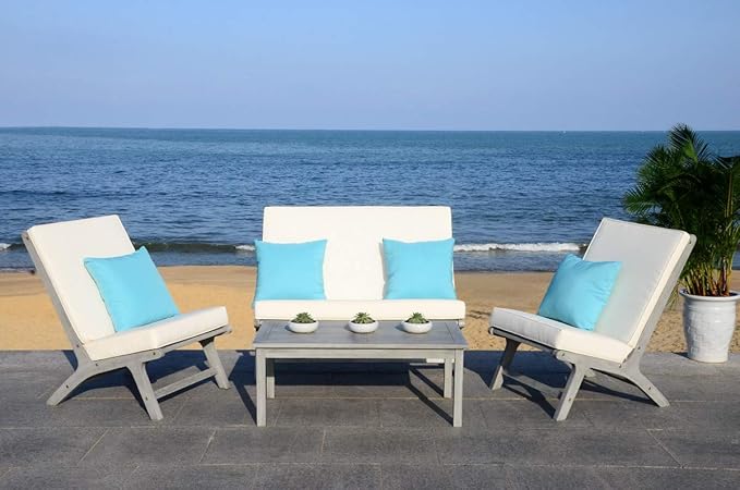 Safavieh PAT7044B Collection Chaston Wash and White and Light Blue 4 Pc Living Accent Pillows Outdoor Set, Grey/Beige Soild