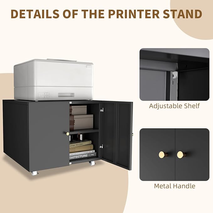 Printer Stands with Storage, Lateral Filing Cabinet for Home Office, Desk Organizers for Home Workspace, Lockable Wheels for Home Office, Scanner, Fax, Computer