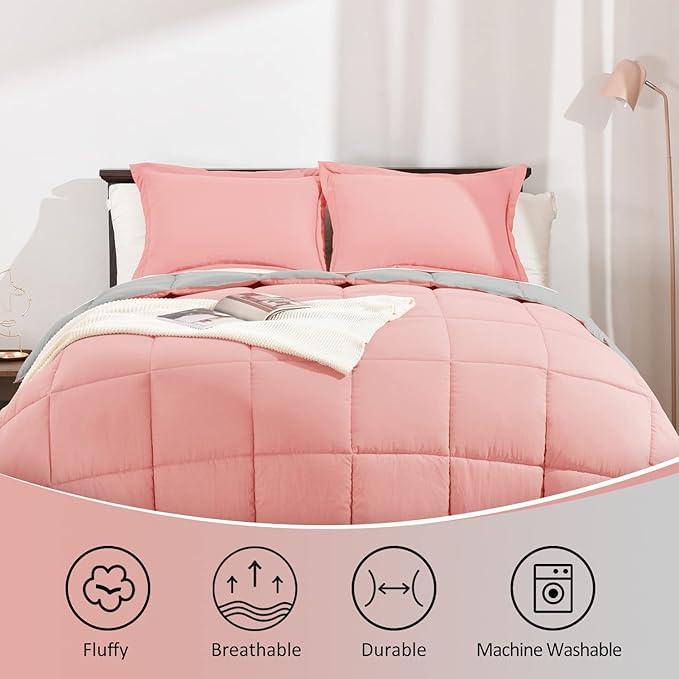 Basic Beyond Twin Comforter Set for Girls and Boys - Fluffy Twin Bed Comforter Set for All Seasons - Reversible Pink and Grey Twin Comforter Set - 2 Pieces (1 Comforter + 1 Pillow Sham)