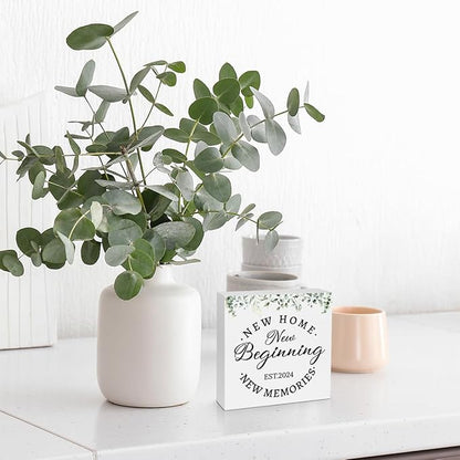 Creoate Housewarming Gifts New Home Decor New Home New Memories Wooden Box Sign Rustic Housewarming White Block Sign Home Décor Accents Living Room Shelf Desk Decoration 5.9 x 5.9 Inches Gift (White)
