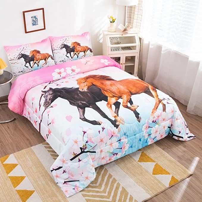 Feelyou Kids Horse Comforter Set for Girls King Size Chic Cherry Blossom Bedding Set for Horse Lover Gift Galloping Horse Printed Comforter 3D Wild Animal Duvet Set Bedroom Decor Quilt Set 3Pcs