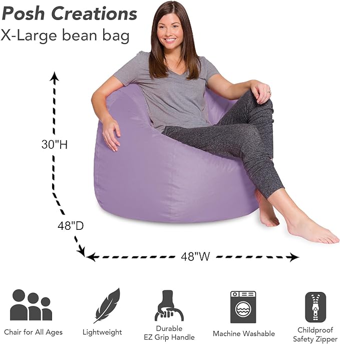 Posh Creations Bean Bag Chair for Kids, Teens, and Adults Includes Removable and Machine Washable Cover, Heather Lavender, 48in - X-Large