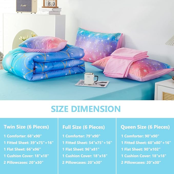 PERFEMET Mermaid Print Full Size Comforter Set for Girls, 6 Piece Colorful Tie Dye Teen Girl Bedding Set, Pink Purple Ombre Cute Bed in A Bag Comforter Set with Sheets