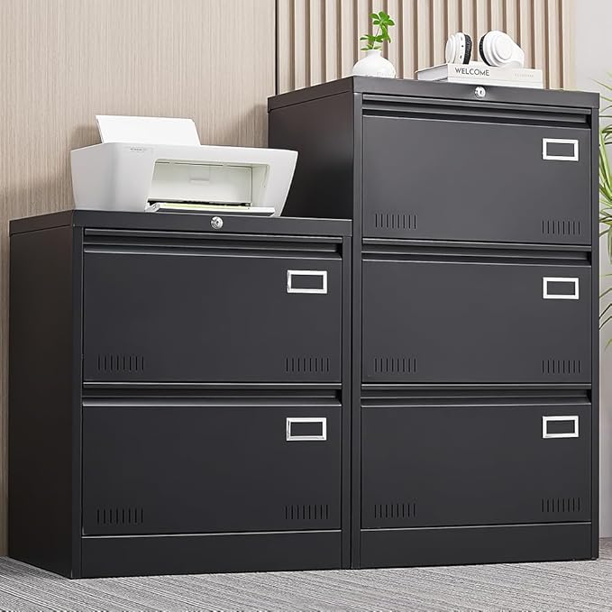 2 Drawer Lateral Lock and Card Holder, Multifunctional Metal Filing Cabinets w/Heavy 3 Section Slide Rail & Breathable Holes,for Legal/Letter/A4,Black
