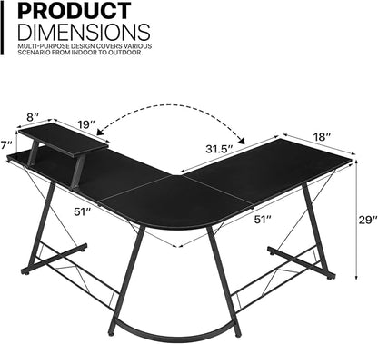 MoNiBloom L Shaped Gaming Desk Computer Corner Table with Metal Frame, L Desk Workstation for Home Office, Space-Saving, Black