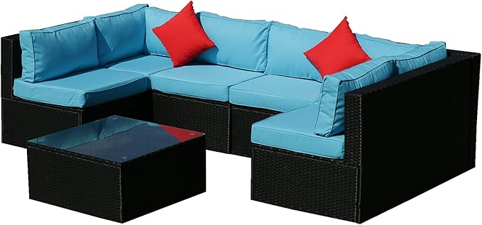 5 Pieces Outdoor Furniture PE Rattan Patio Sectional U Shaped Conversation Sofa Set with Table and 2 Pillows for Garden, Yark, Lawn, Backyard, Onesize, Black Wicker+Blue Cushion
