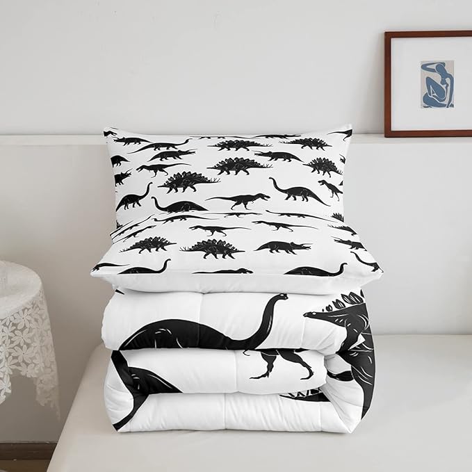 Erosebridal Dinosaur Comforter Set Dino Silhouettes Bedding Set Twin Size, Wildlife Animals Black White Duvet Sets for Kids Boys Teens Adult Bedroom Decor Dinosaurs Comforter with 1 Pillow Case