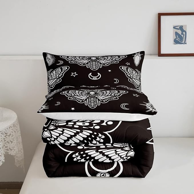 Boys Boho Moth Comforter Set Full Size Men Gothic Skull Bedding Set for Girls Women Bedroom Decor Bohemian Moon Star Comforter Personalized Moth Skull Skeleton Bones Duvet Set Teens Quilt Set