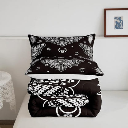 Boys Boho Moth Comforter Set Full Size Men Gothic Skull Bedding Set for Girls Women Bedroom Decor Bohemian Moon Star Comforter Personalized Moth Skull Skeleton Bones Duvet Set Teens Quilt Set