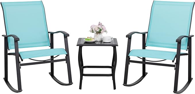 Shintenchi 3 Piece Rocking Bistro Set, Outdoor Furniture with Rocker Chairs and Glass coffee table set of 3, Balcony, Porch Furniture for Small Space, Blue