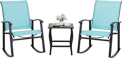 Shintenchi 3 Piece Rocking Bistro Set, Outdoor Furniture with Rocker Chairs and Glass coffee table set of 3, Balcony, Porch Furniture for Small Space, Blue