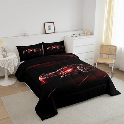 Feelyou Red Race Car Bedding Set Queen Size for Kids Boys Extreme Sport Games Comforter Set Teens Toddler Fast and Furious Duvet Set Cool Modern Quilt Set 3Pcs