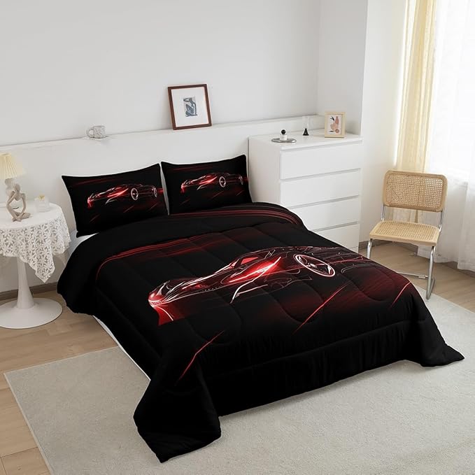 Feelyou Red Race Car Bedding Set Twin Size for Kids Boys Extreme Sport Games Comforter Set Teens Toddler Fast and Furious Duvet Set Cool Modern Quilt Set 2Pcs