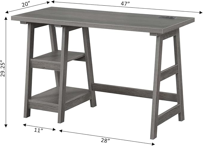 Convenience Concepts Designs2Go Trestle Desk with Charging Station and Shelves, Charcoal Gray