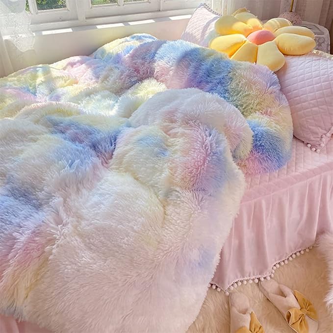 Faux Fur Kids Girls Sunshine Rainbow Comforter Sets King - 3PC Bed Set Warm Comfortable Soft Plush Flannel Velvet Fluffy Fuzzy Bedding（Comforter x 1 Pillowcases x 2）