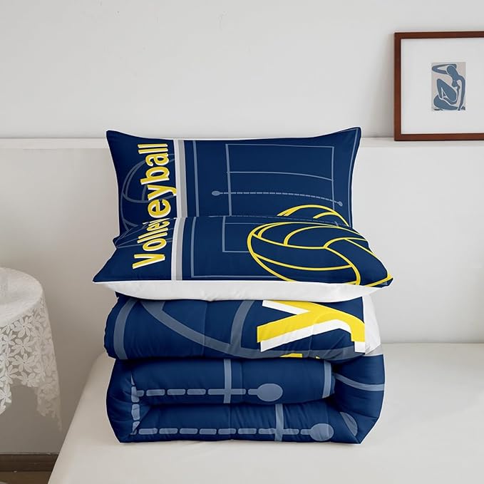 Feelyou Volleyball Bedding Set Queen Size Sports Game Comforter Set for Kids Boys Girls Decor Volleyball Player Comforter Microfiber Blue Yellow Duvet Set Bedroom Quilt Set