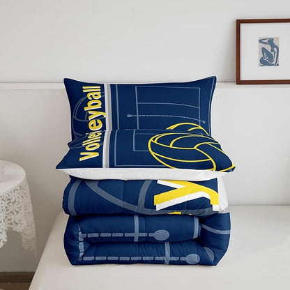 Feelyou Volleyball Bedding Set Full Size Sports Game Comforter Set for Kids Boys Girls Decor Volleyball Player Comforter Microfiber Blue Yellow Duvet Set Bedroom Quilt Set