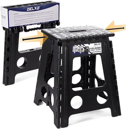 Delxo 16” Folding Step Stool in Black,1 Pack Premium Heavy Duty Foldable Stool for Adults,Portable Collapsible Plastic Step Stool,Non Slip Folding Stools for Kitchen Bathroom Bedroom Up to 400LBS