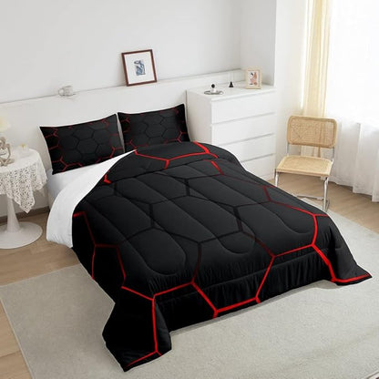 Honeycomb Bedding Set Honeycomb Modern Geometry Hexagon Theme Comforter Set for Kids Boys Children Geometrical Comforter Ultra Soft Beehive Black Red Decor Duvet Set Full Size