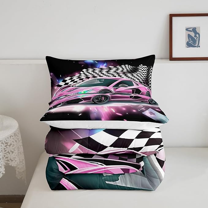 Pink Race Car Bedding Set Twin Size,Racing Flag Black White Lattice Duvet Cover with 1 Pillowcase,Extreme Sport Game Comforter Cover for Kids Youths Boys Girls Room Decor,Modern Quilt Cover