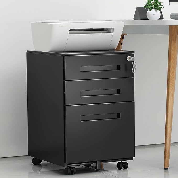 3-Drawer Mobile File Cabinets Rolling Metal Filing Cabinet for Legal & Letter File Anti-tilt Design with Lock Under Desk Office Drawers Fully Assembled Except Casters Black(Style 3)