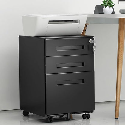 3-Drawer Mobile File Cabinets Rolling Metal Filing Cabinet for Legal & Letter File Anti-tilt Design with Lock Under Desk Office Drawers Fully Assembled Except Casters Black(Style 3)