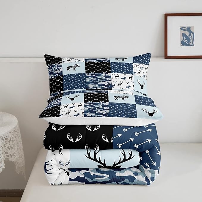 Cute Deer Comforter Set Twin, Military Camo Bedding Set for Kids Boys Teens Bedroom Tribal Animal Antlers Silhouette Quilted Comforter Checkered Plaid Arrows Bedding Comforters, Army Blue and White