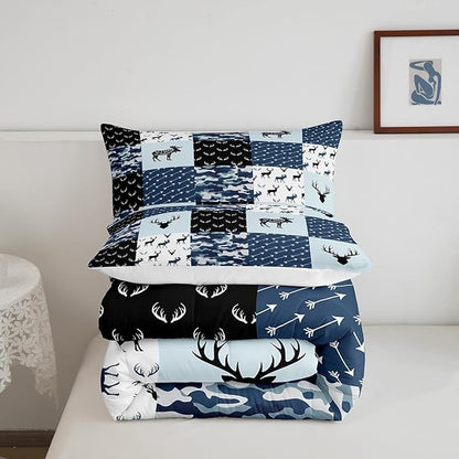 Cute Deer Comforter Set Twin, Military Camo Bedding Set for Kids Boys Teens Bedroom Tribal Animal Antlers Silhouette Quilted Comforter Checkered Plaid Arrows Bedding Comforters, Army Blue and White