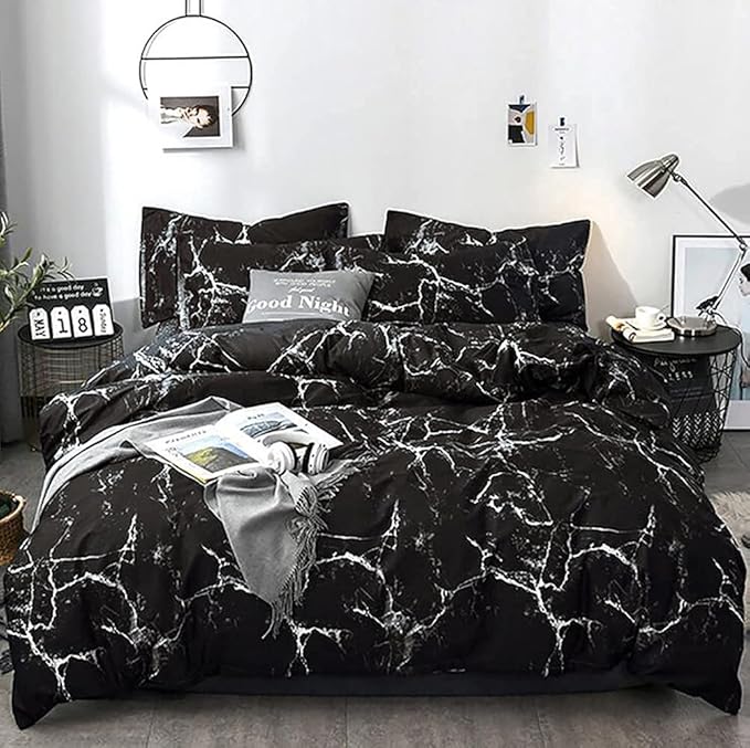 Black Marble Comforter Set King Black Bedding Set Women Black Marble Comforter Set Lightweight Soft Black Marble Bedding Men Durable Black Marble Quilt Set Breathable Bed Comforter Set King