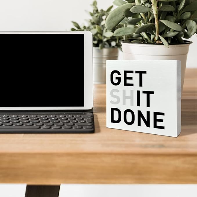 Home Office Desk Wooden Box Sign Decor, Get It Done, Inspirational Quotes Desk Decor Motivational Desk Decorations for Women Men Office