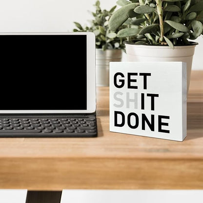 Home Office Desk Wooden Box Sign Decor, Get It Done, Inspirational Quotes Desk Decor Motivational Desk Decorations for Women Men Office