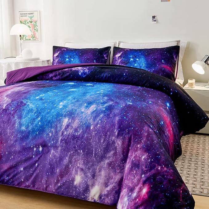Purple Comforter Set for Girls,Galaxy Comforter Set for Boys Kids,Space Bedding King,Kids Comforter Set for Girls,Galaxy Bedding Set King with Pillowcases