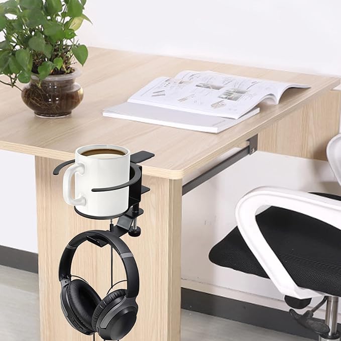 Desk Cup Holder, 2-in-1 Adjustable & 360° Rotating Office Gaming Desk Accessories for Under Desk Headphone Stand Hanging Headset, Holding Coffee Mug, Drinks, Water Bottle – Black