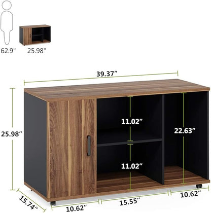 Tribesigns 39 inches File Cabinet, Large Storage Printer Stand, Mobile Filling Office Cabinet with Wheels, Doors and Open Storage Shelves,Dark Walnut