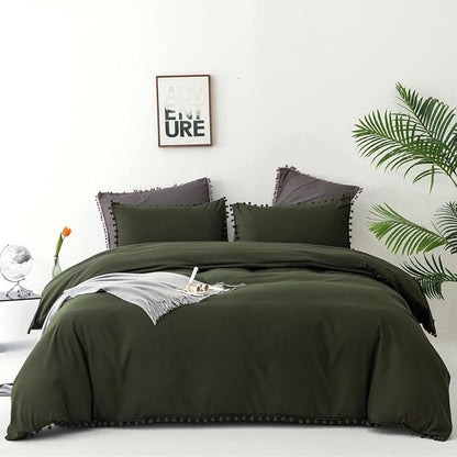 Army Green Comforter Cal King Dark Green Pom Green Comforter 3 PCs Soft Olive Green Boho Ball Pom Fringe California King Comforter Bedding Set Women Solid Dark Green Bed Comforter All Season