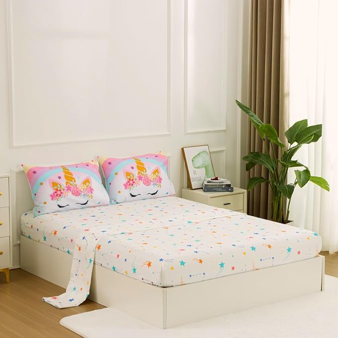 NTBED Unicorn Twin Comforter Set with Sheets,5 Pieces Kids Bedding Sets for Girls, Lightweight Microfiber Star Rainbow Bed in a Bag