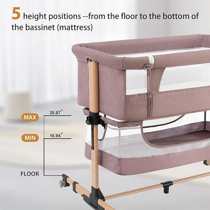 Baby Crib,3 in 1 Baby Bassinet Bedside Crib Adjustable Portable Bed for Infant,Baby Newborn Must Have Bed,Khaki