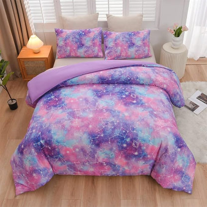 Holawakaka Tie Dye Constellation Print Ombre Comforter Set Full Size Girls Boys Gradient Galaxy Bedding Set (Purple,Full)