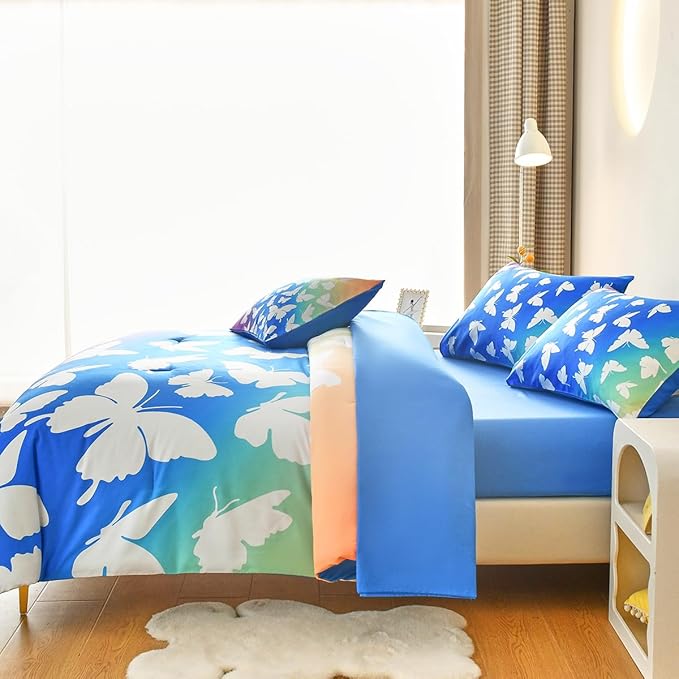 Butterfly Bedding Set Full, Blue Butterfly Comforter Set for Girls Kids Teens 6 pcs Bed in a Bag Full Bedding Sets for Girls