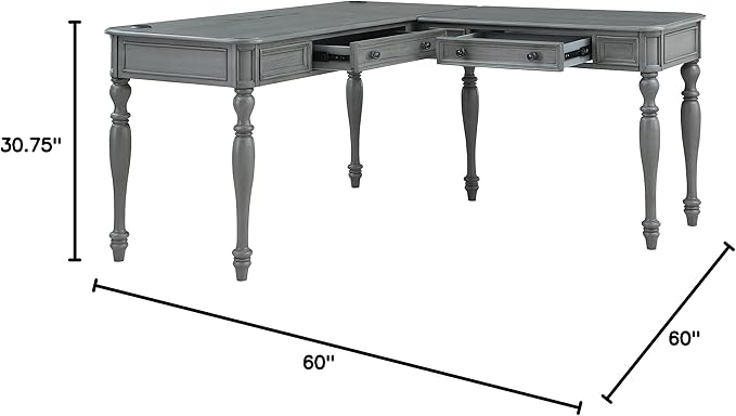 OSP Home Furnishings Country Meadows L-Shape Desk with 2 Full Drawers and Power Hub, Plantation Grey