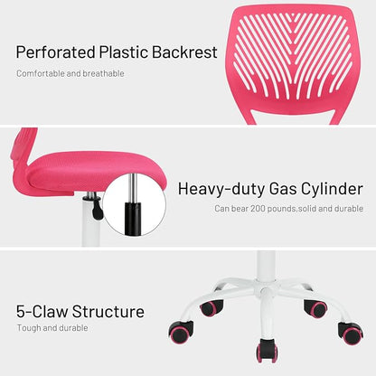Desk Chair Armless Small Study Chairs Armless for Child Kids Teens, Ergonomic Swivel Rolling Lightweight Task Chair with Wheels and Mesh Padded Cushion, Pink