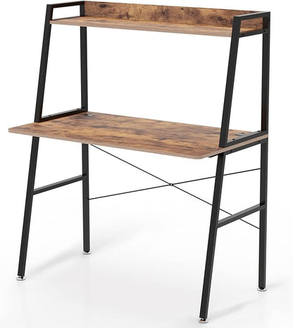 DESIGNA Small Computer Ladder Desk with Storage Shelves, 43 Inch 2-Tier Home Office Students Study Writing PC Gaming Table with Bookshelf Modern Workstation for Space Saving, Metal Frame, Rustic Brown
