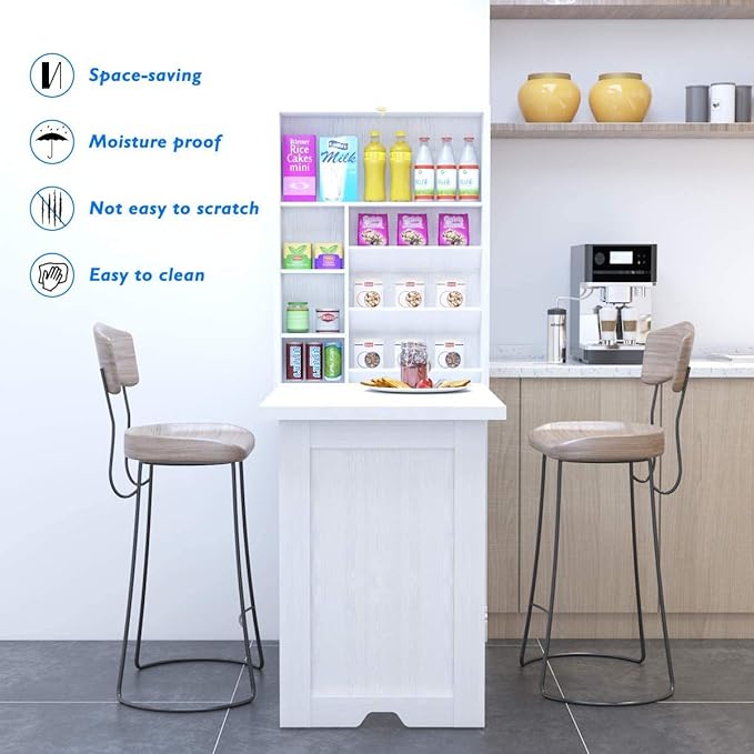 LUARANE Wall Mounted Table, Foldable Multiple-purpose Desk, Fold Out Wood Convertible Writing Desk Bookshelf Cabinet, Large Storage Space, Ideal for Home Office Study (White)