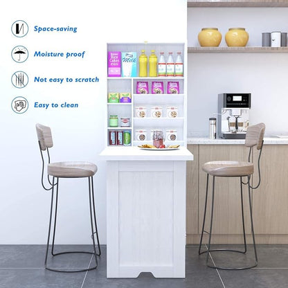 LUARANE Wall Mounted Table, Foldable Multiple-purpose Desk, Fold Out Wood Convertible Writing Desk Bookshelf Cabinet, Large Storage Space, Ideal for Home Office Study (White)