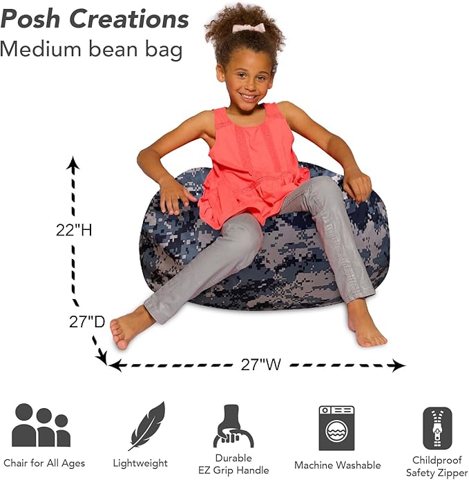 Posh Creations Bean Bag Chair for Kids, Teens, and Adults Includes Removable and Machine Washable Cover, Soft Nylon - Camo Digital, 27in - Medium