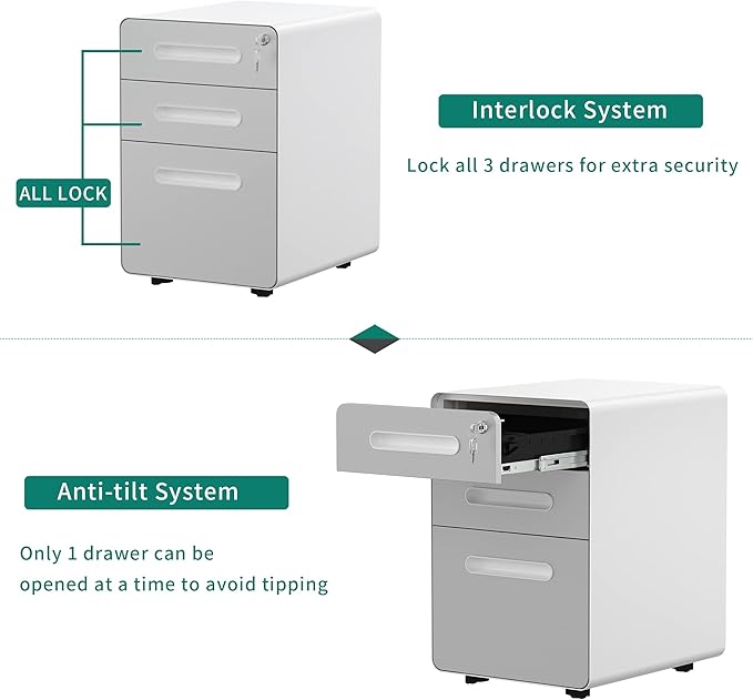 YITAHOME 3-Drawer Metal Mobile File Cabinet, Rolling Filing Cabinet with Lock, Filing Cabinet Under Desk fits Legal/A4 Size for Home/Office, Fully Assembled,White and Grey